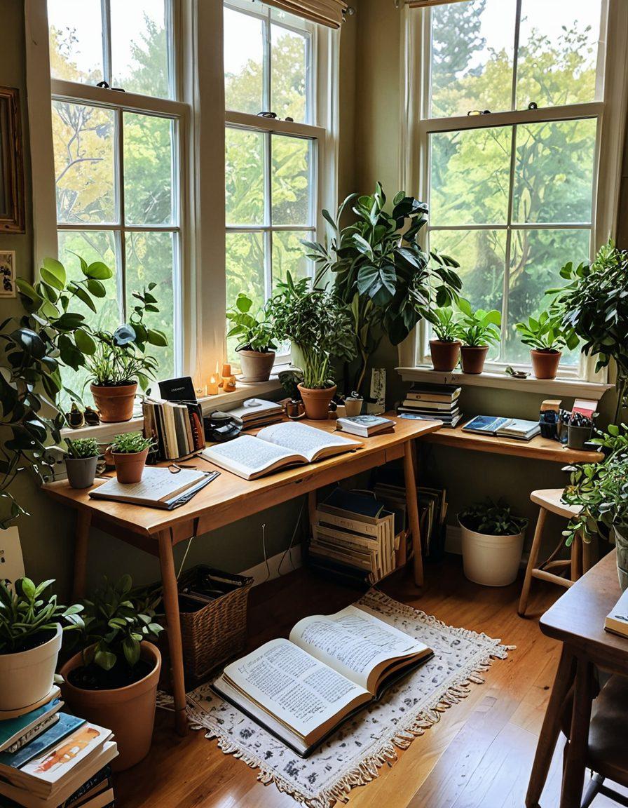 A warm and inviting workspace filled with plants and art supplies, showcasing a beginner passionately engaged in a creative project. Soft sunlight filters through a window, illuminating a cozy environment. Nearby, inspiring quotes and colorful sketches adorn the walls, symbolizing growth and connection. Add whimsical elements like a cup of coffee and open books to enhance the feeling of fondness. vibrant colors. cozy atmosphere. digital painting.
