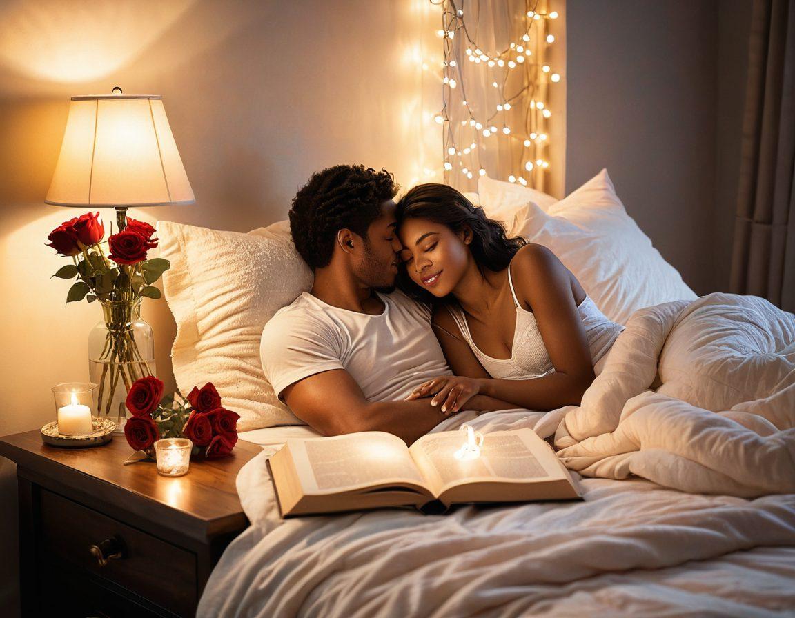 A cozy, warmly lit bedroom with a couple sharing a gentle embrace, surrounded by soft pillows and delicate fairy lights. A vase of fresh roses on a bedside table adds a touch of romance, while a faint glow from candles enhances the intimate atmosphere. Include subtle elements like an open book on love and a refreshing glass of wine to symbolize connection. enhanced saturation. dreamy lighting. soft focus.