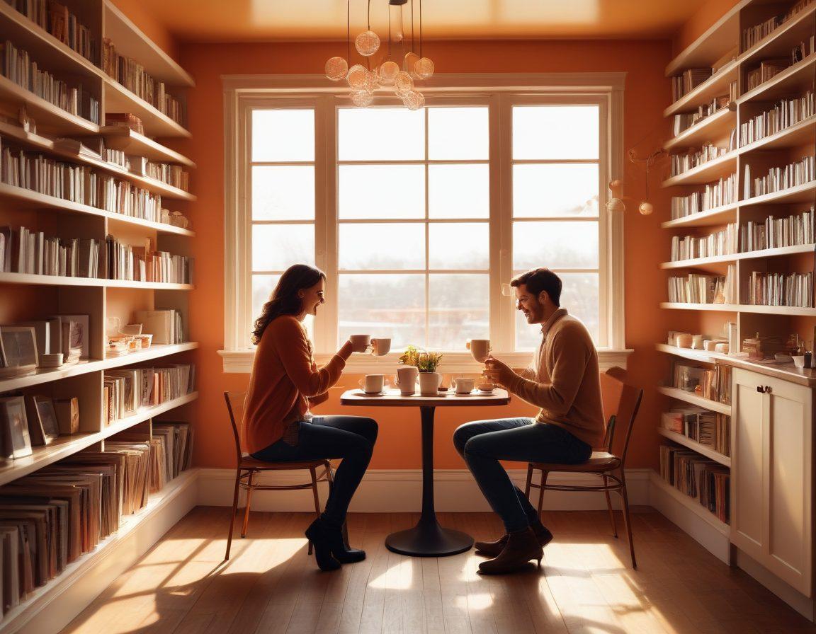 A cozy coffee shop scene with a couple engaged in playful flirtation, surrounded by soft heart-shaped decorations. Warm sunlight streaming in, casting a soft glow on their smiling faces while they share a cup of coffee. Include a subtle backdrop of books and intimate conversation bubbles, symbolizing affection and connection. romantic illustration. warm colors. soft focus.